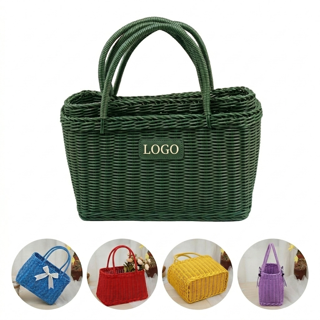 Dark Green Handwoven Rattan Picnic & Storage Basket with Handle