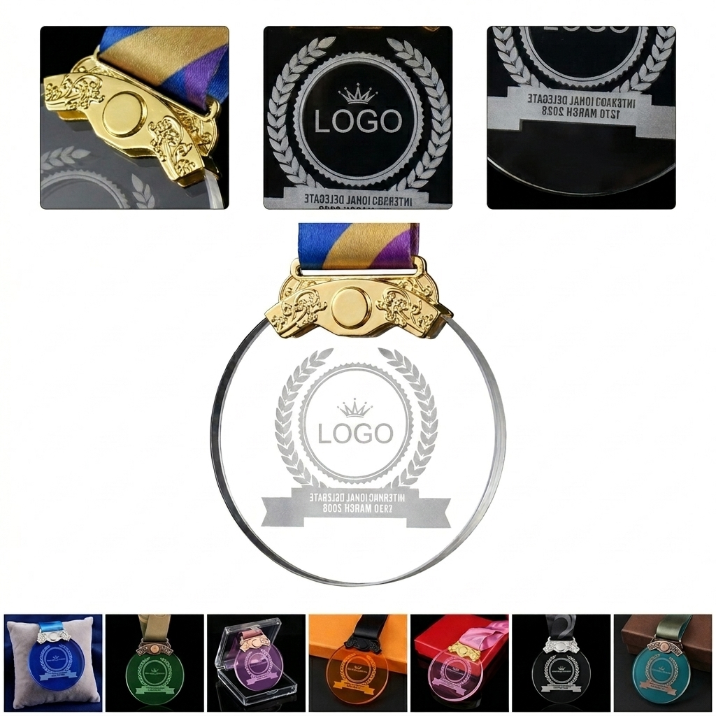 Solid Crystal Winner Award Medals with Detachable Rainbow Ribbons for Races & Events